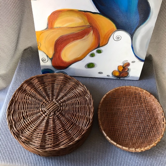Vintage 2pc lot baskets flat round wicker woven